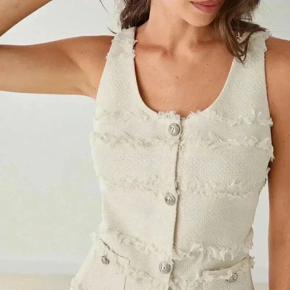 White Casual Women's Single-Breasted High-End Tassel Tweed Sleeveless Dress - Picture 2 of 8